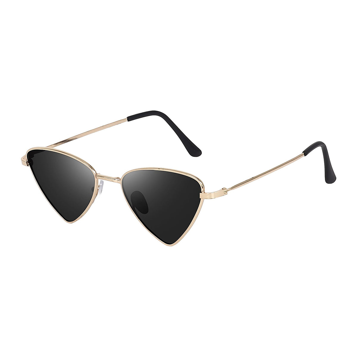 Gold triangular sunglasses side profile with black temple tips