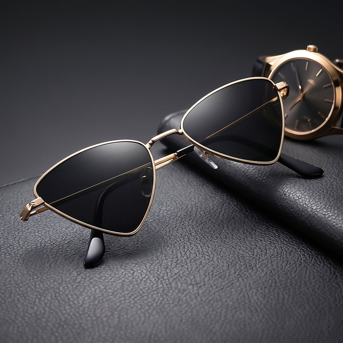 ROSHFORT gold triangular sunglasses styled beside a watch on leather