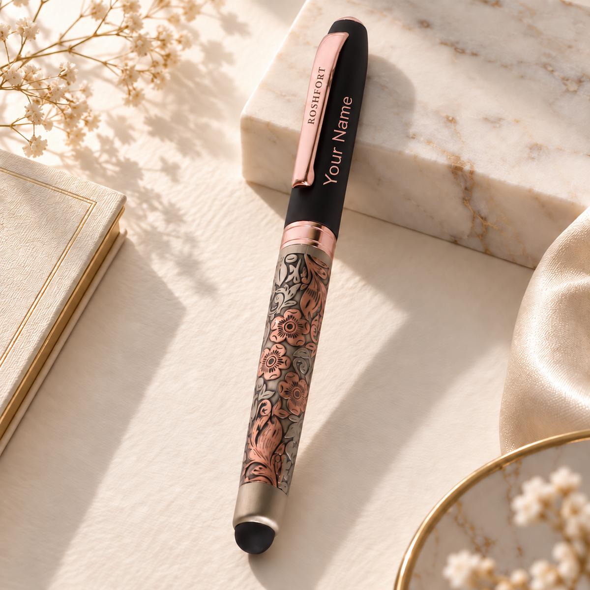 ROSHFORT Rose Gold Floral Stylus Pen - Personalised with Your Name | Golden Metal Engraving, Touch Screen Tip