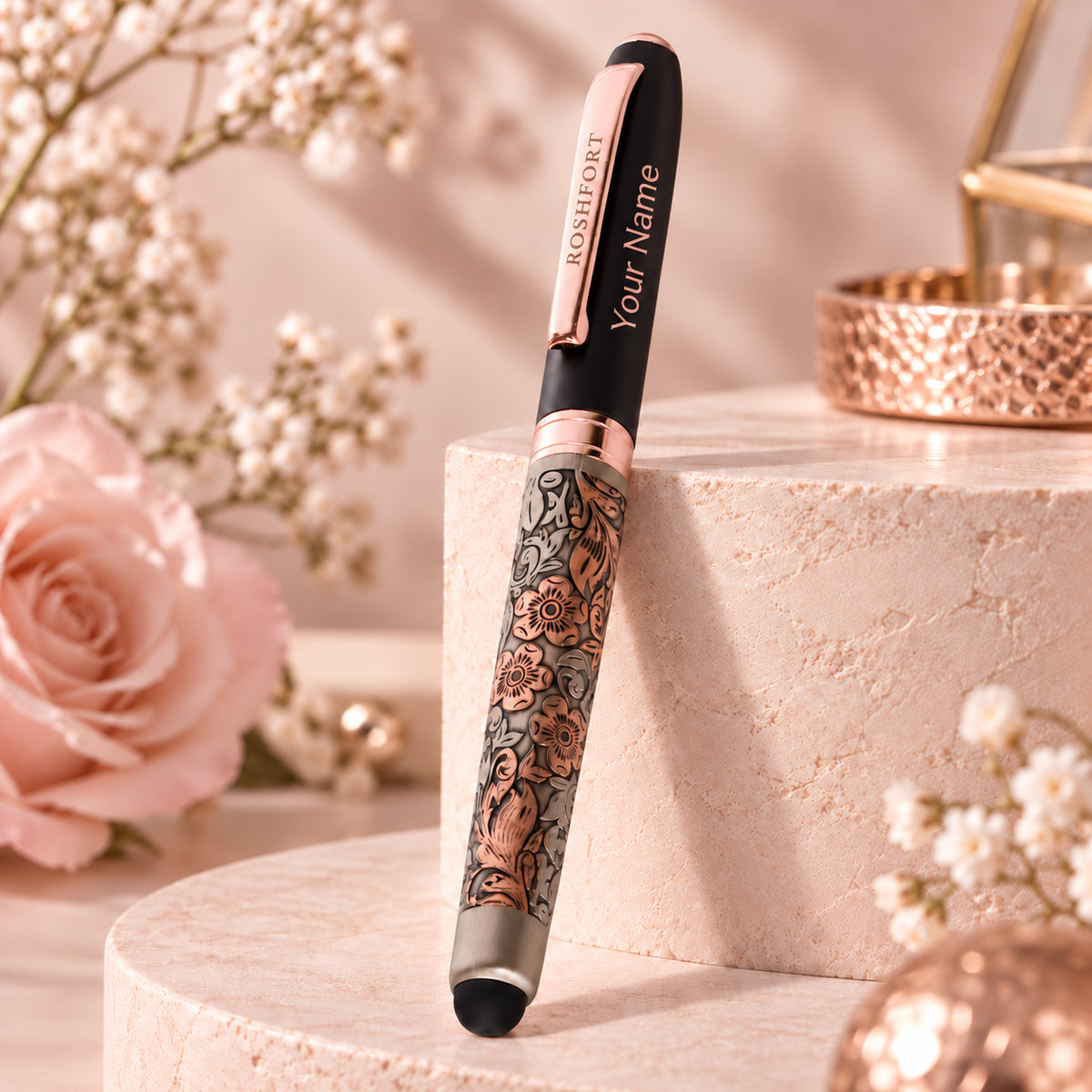 ROSHFORT Rose Gold Floral Stylus Pen - Personalised with Your Name | Golden Metal Engraving, Touch Screen Tip