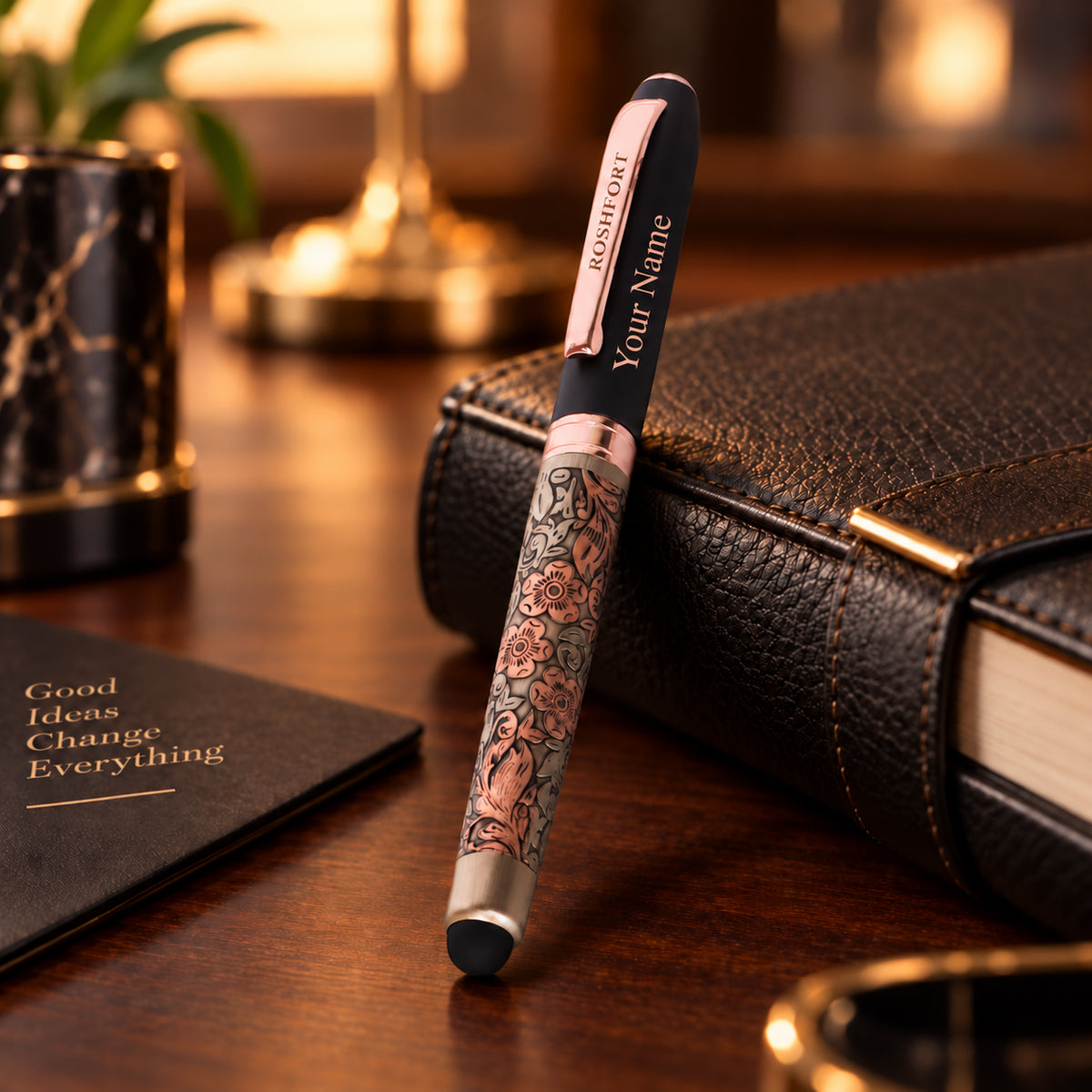 ROSHFORT Rose Gold Floral Stylus Pen - Personalised with Your Name | Golden Metal Engraving, Touch Screen Tip