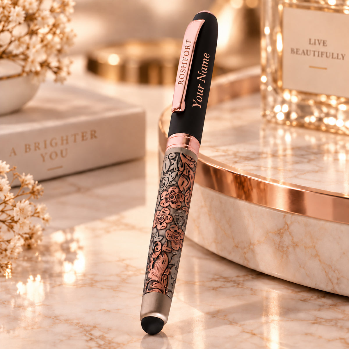 ROSHFORT Rose Gold Floral Stylus Pen - Personalised with Your Name | Golden Metal Engraving, Touch Screen Tip