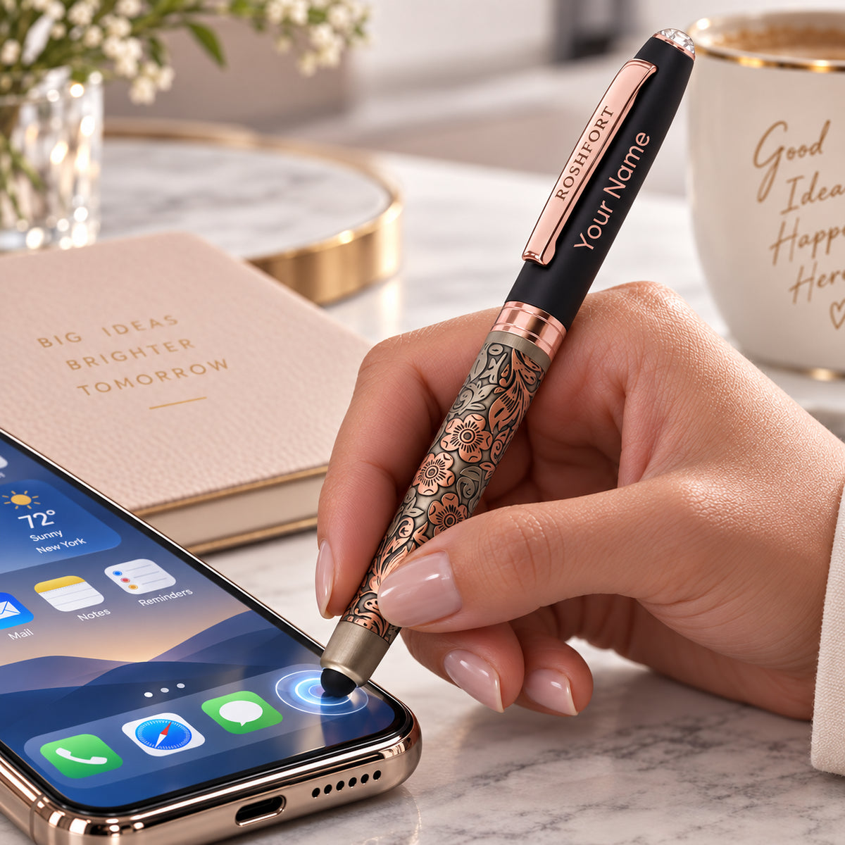 ROSHFORT Rose Gold Floral Stylus Pen - Personalised with Your Name | Golden Metal Engraving, Touch Screen Tip