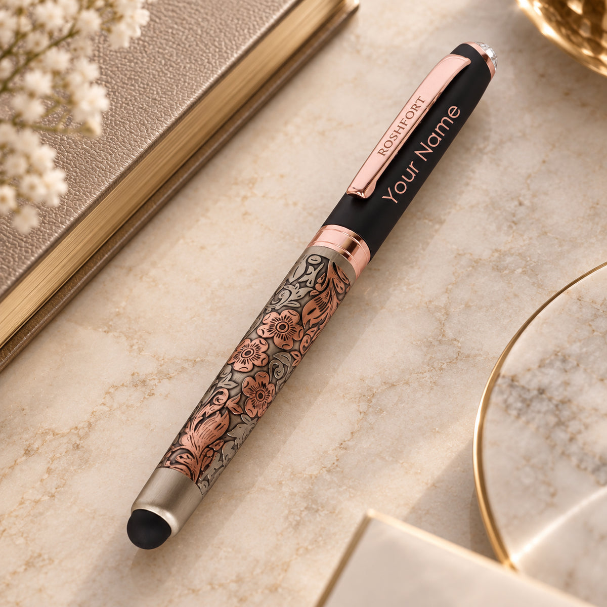 ROSHFORT Rose Gold Floral Stylus Pen - Personalised with Your Name | Golden Metal Engraving, Touch Screen Tip