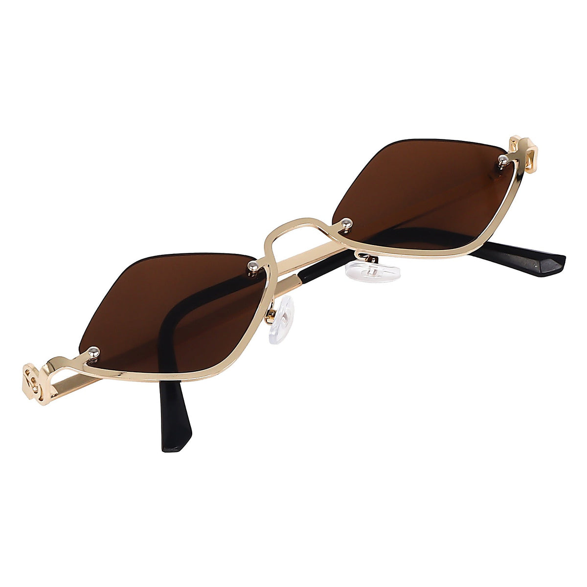 Gold faceted brown sunglasses angled view showing temple and hinge