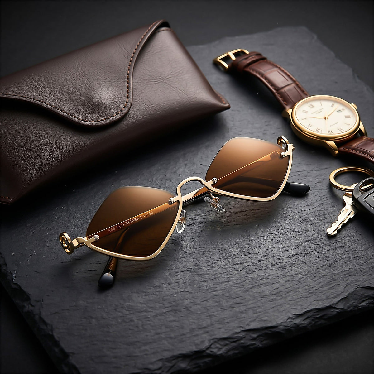 ROSHFORT gold brown sunglasses with a leather case and pocket watch