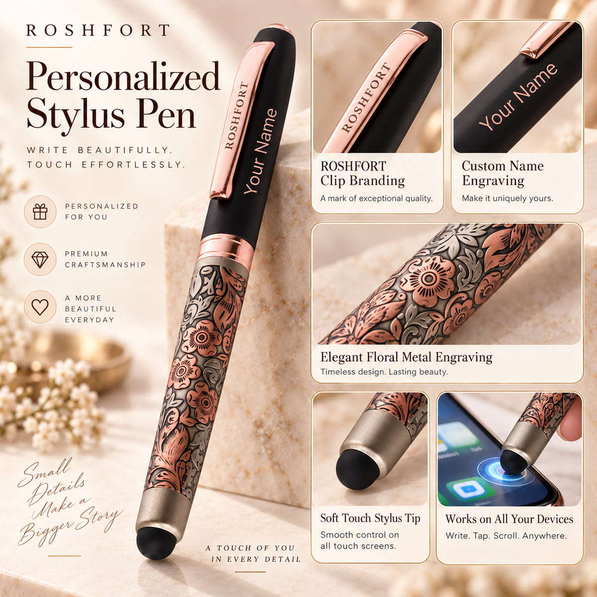 ROSHFORT Rose Gold Floral Stylus Pen - Personalised with Your Name | Golden Metal Engraving, Touch Screen Tip