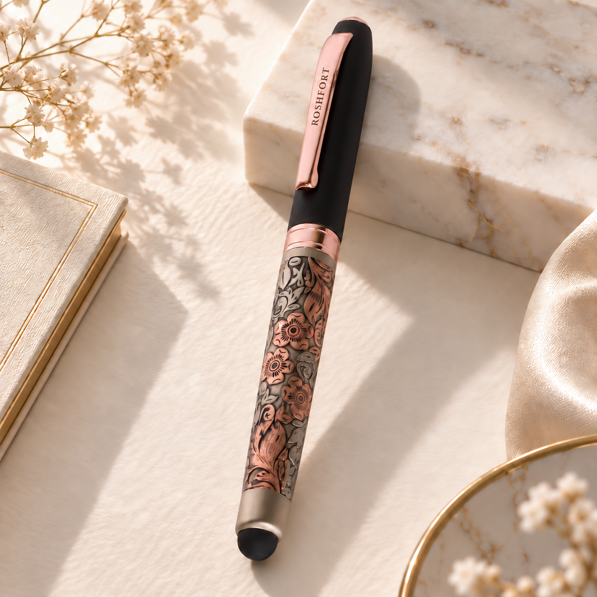 ROSHFORT Rose Gold Floral Stylus Pen | Golden Metal Engraving, Touch Screen Tip