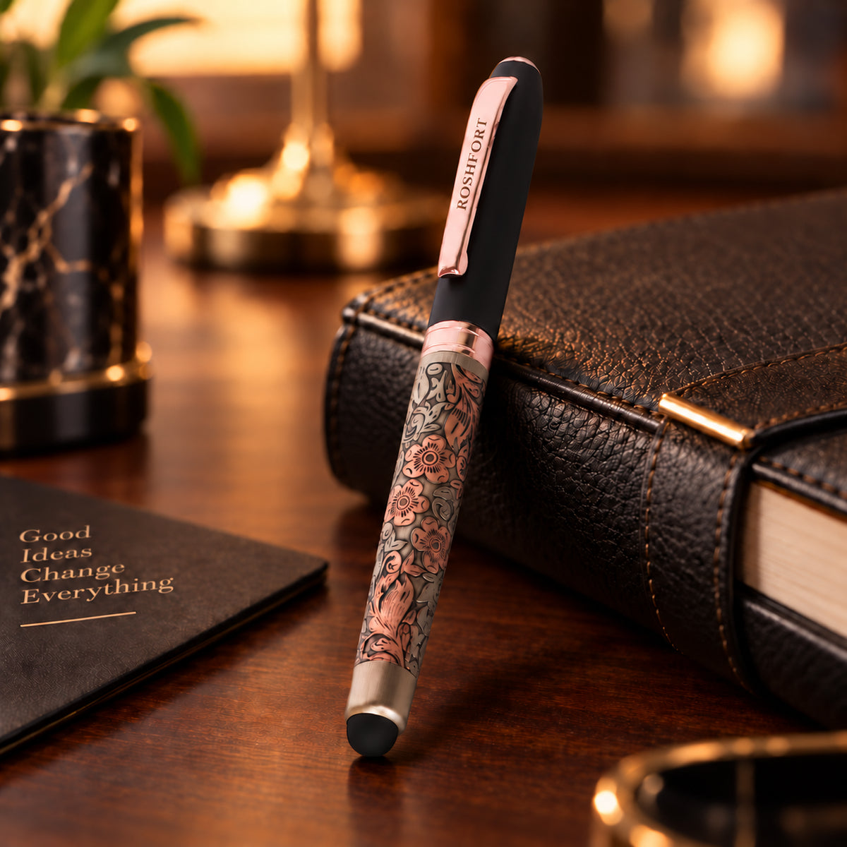 ROSHFORT Rose Gold Floral Stylus Pen | Golden Metal Engraving, Touch Screen Tip