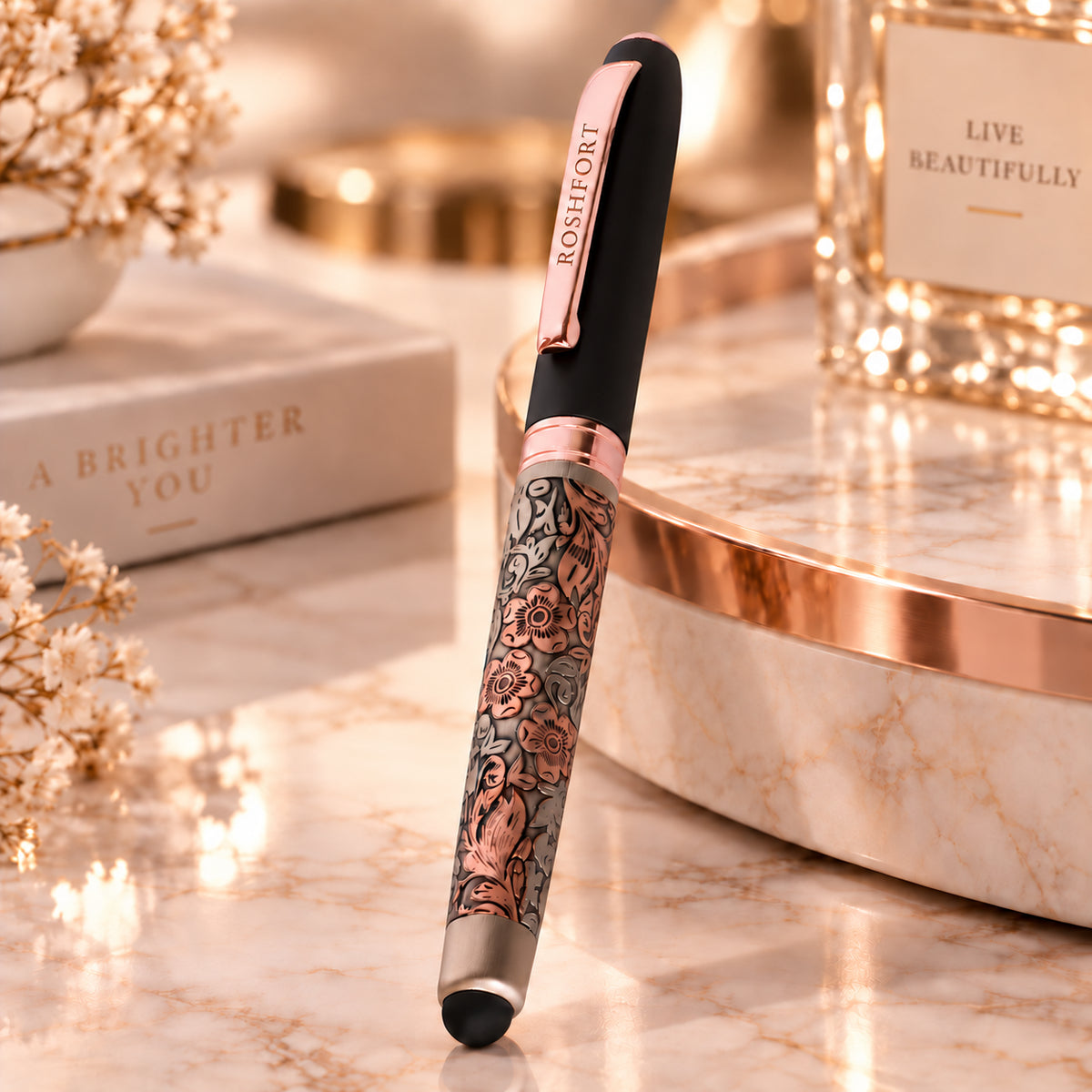 ROSHFORT Rose Gold Floral Stylus Pen | Golden Metal Engraving, Touch Screen Tip