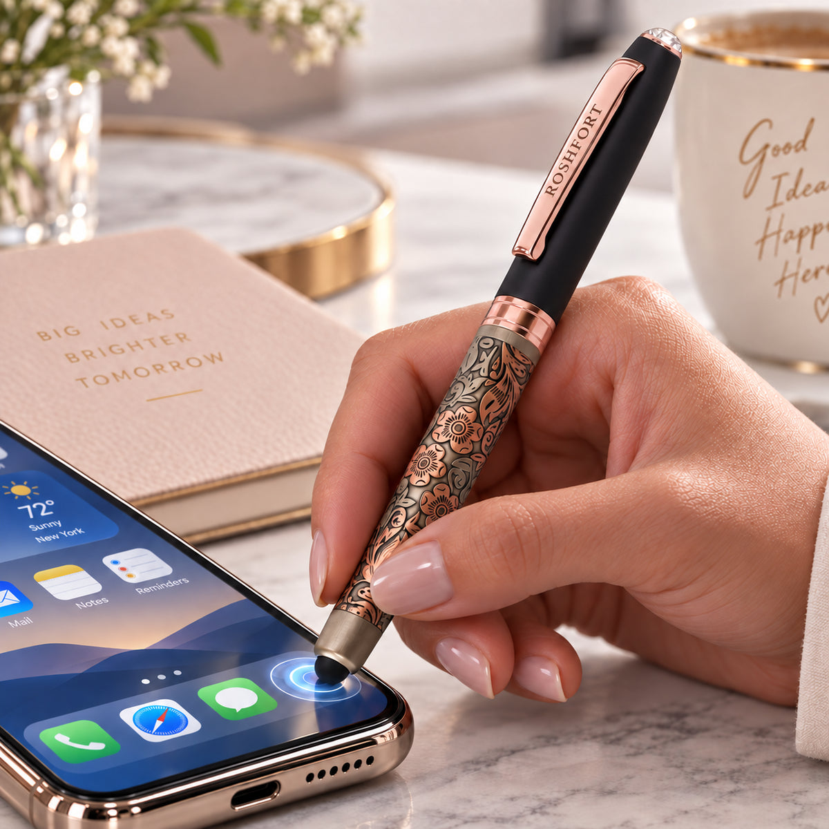 ROSHFORT Rose Gold Floral Stylus Pen | Golden Metal Engraving, Touch Screen Tip