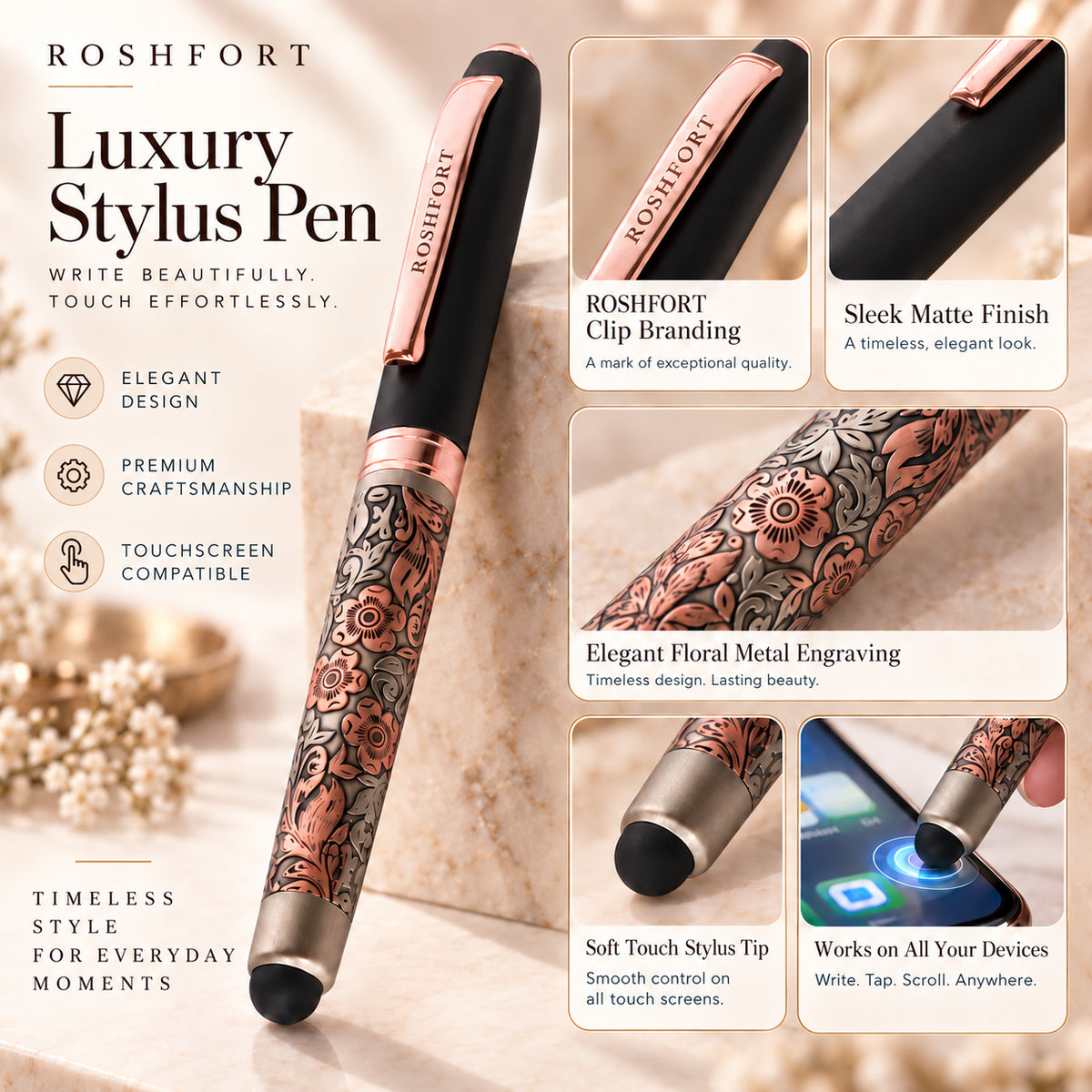 ROSHFORT Rose Gold Floral Stylus Pen | Golden Metal Engraving, Touch Screen Tip