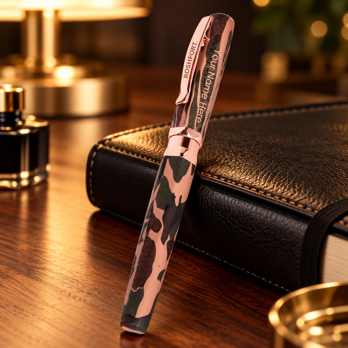ROSHFORT Camouflage Signature Roller Pen - Personalised with Your Name | Rose Gold Trim, Army Print Body
