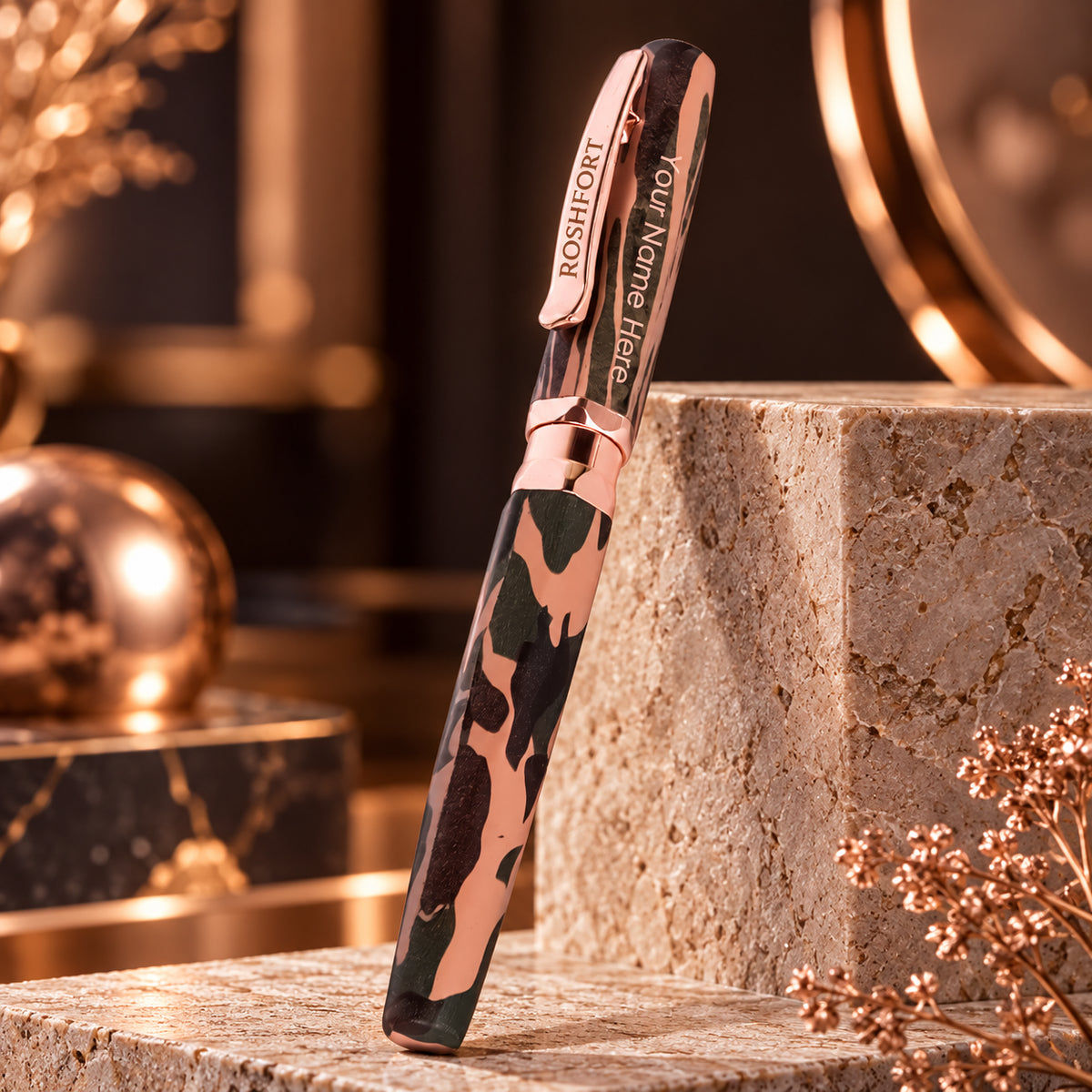 ROSHFORT Camouflage Signature Roller Pen - Personalised with Your Name | Rose Gold Trim, Army Print Body