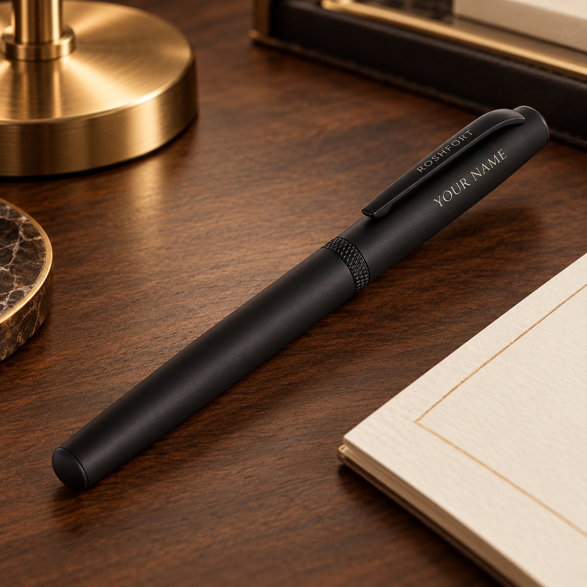 ROSHFORT Matte Black Signature Roller Pen - Personalised with Your Name | Magnetic Cap, Laser-Branded Clip