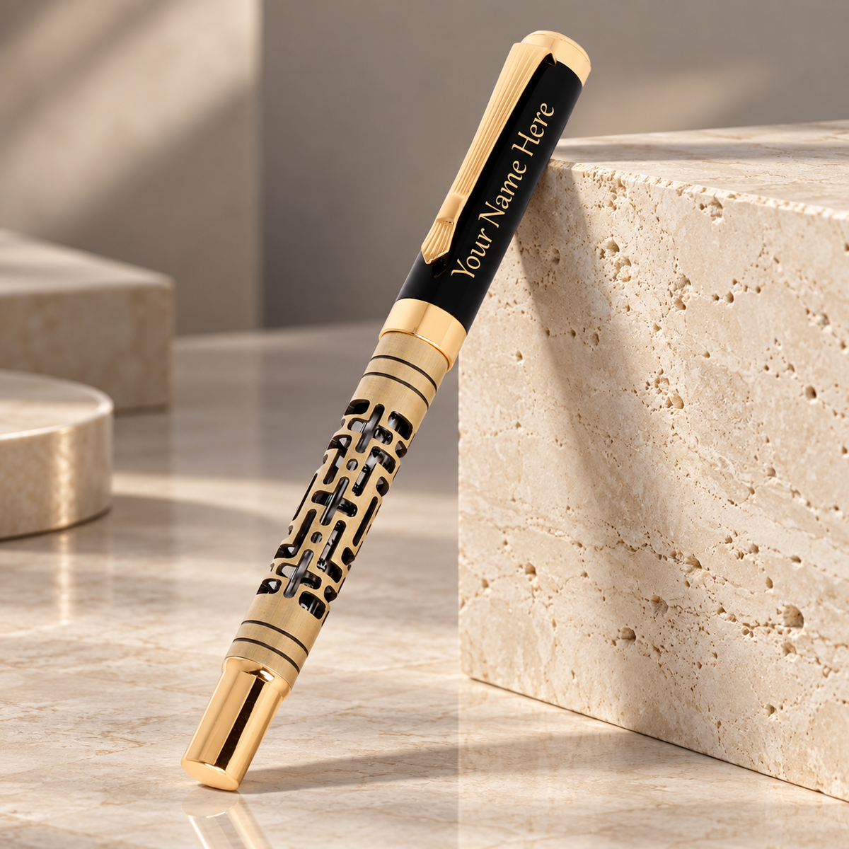 ROSHFORT Openwork Lattice Signature Roller Pen - Personalised with Your Name | Gold Detailing