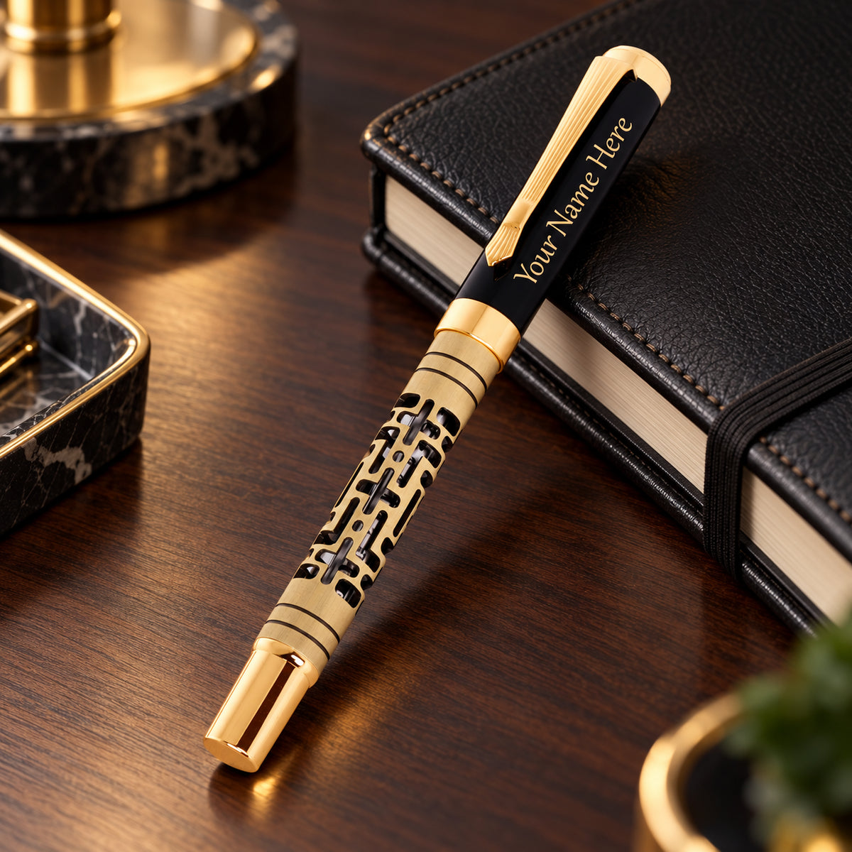 ROSHFORT Openwork Lattice Signature Roller Pen - Personalised with Your Name | Gold Detailing