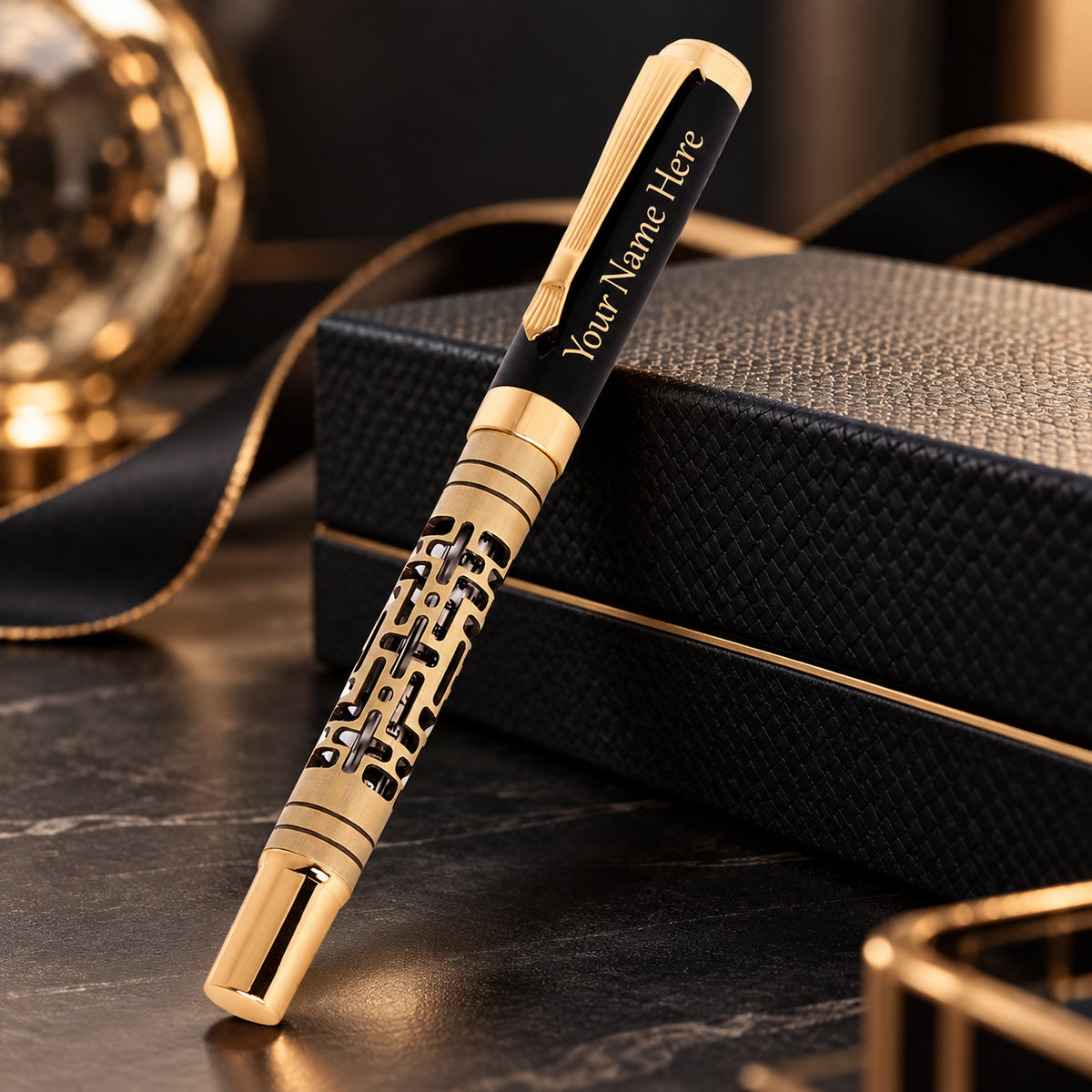 ROSHFORT Openwork Lattice Signature Roller Pen - Personalised with Your Name | Gold Detailing
