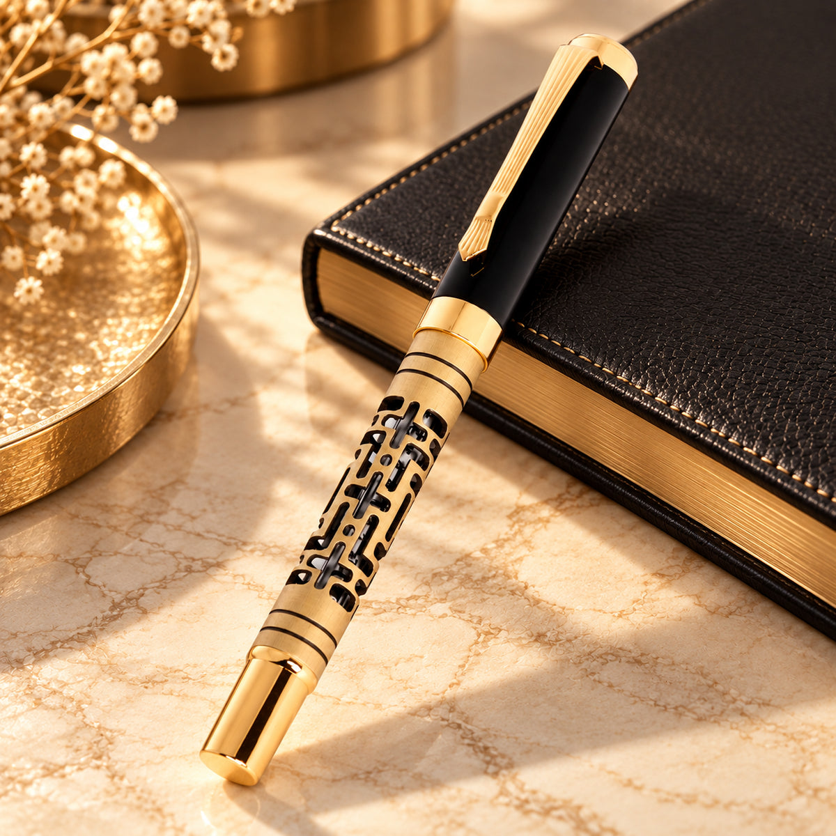 ROSHFORT Openwork Lattice Signature Roller Pen | Gold Detailing, Sculpted Metal Body