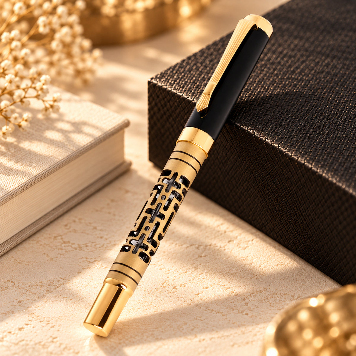 ROSHFORT Openwork Lattice Signature Roller Pen | Gold Detailing, Sculpted Metal Body