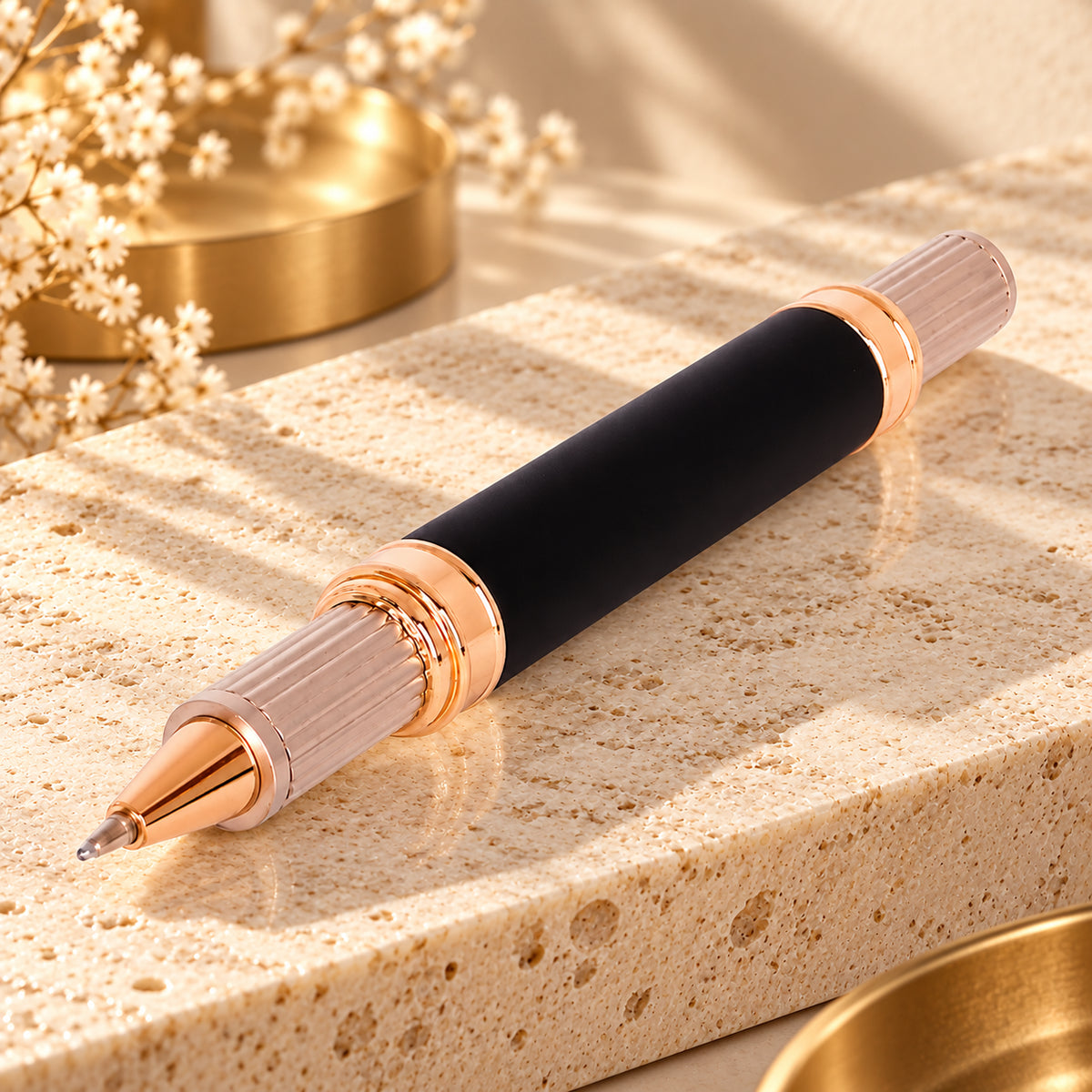 ROSHFORT Sovereign Signature Roller Pen | Matte Black Broad Barrel, Rose Gold Fluted Cap