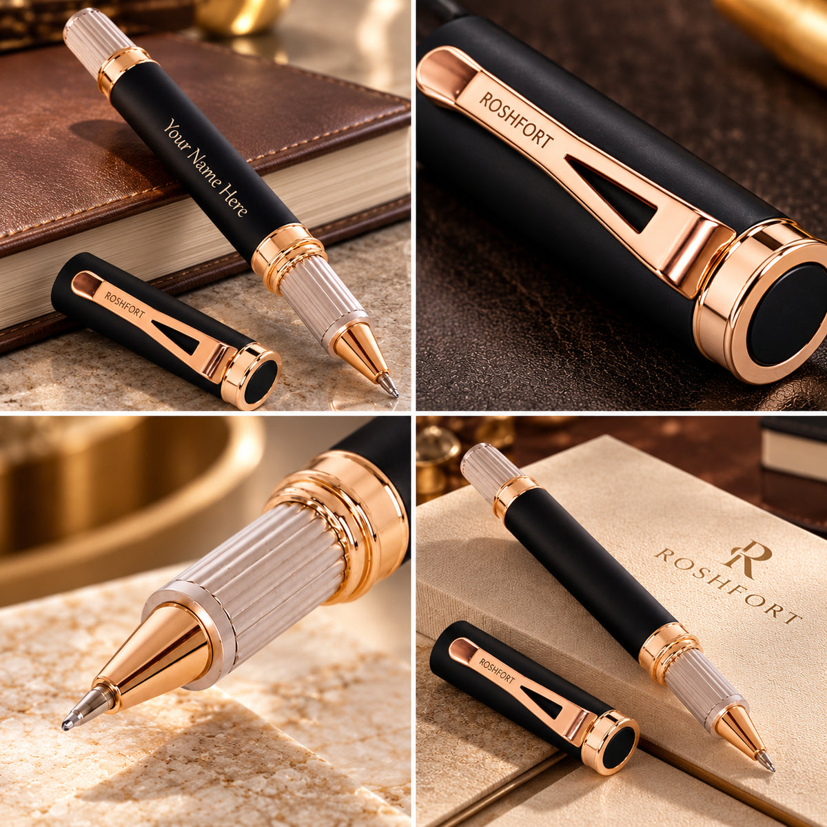 ROSHFORT Sovereign Signature Roller Pen - Personalised with Your Name | Matte Black, Rose Gold Detailing