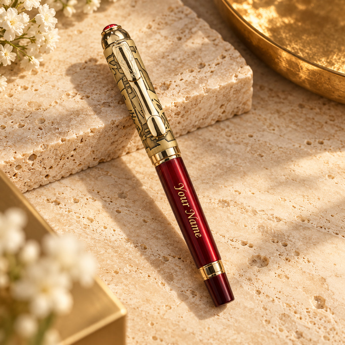 ROSHFORT Crimson Regal Signature Roller Pen - Personalised with Your Name | Deep Crimson, Gold Detailing
