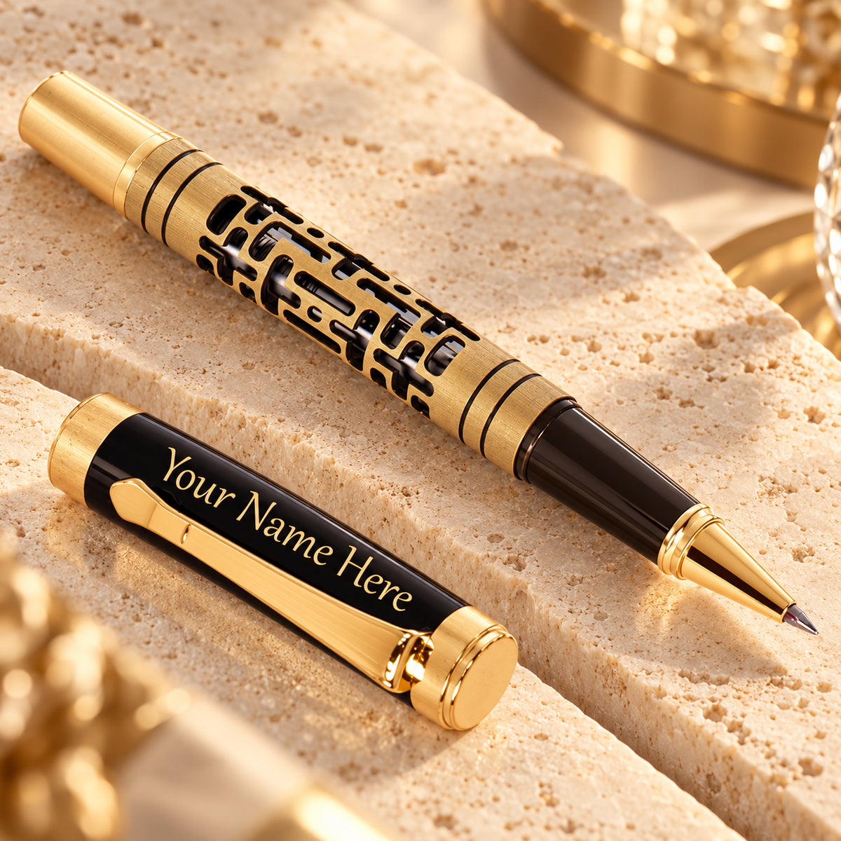 ROSHFORT Openwork Lattice Signature Roller Pen - Personalised with Your Name | Gold Detailing