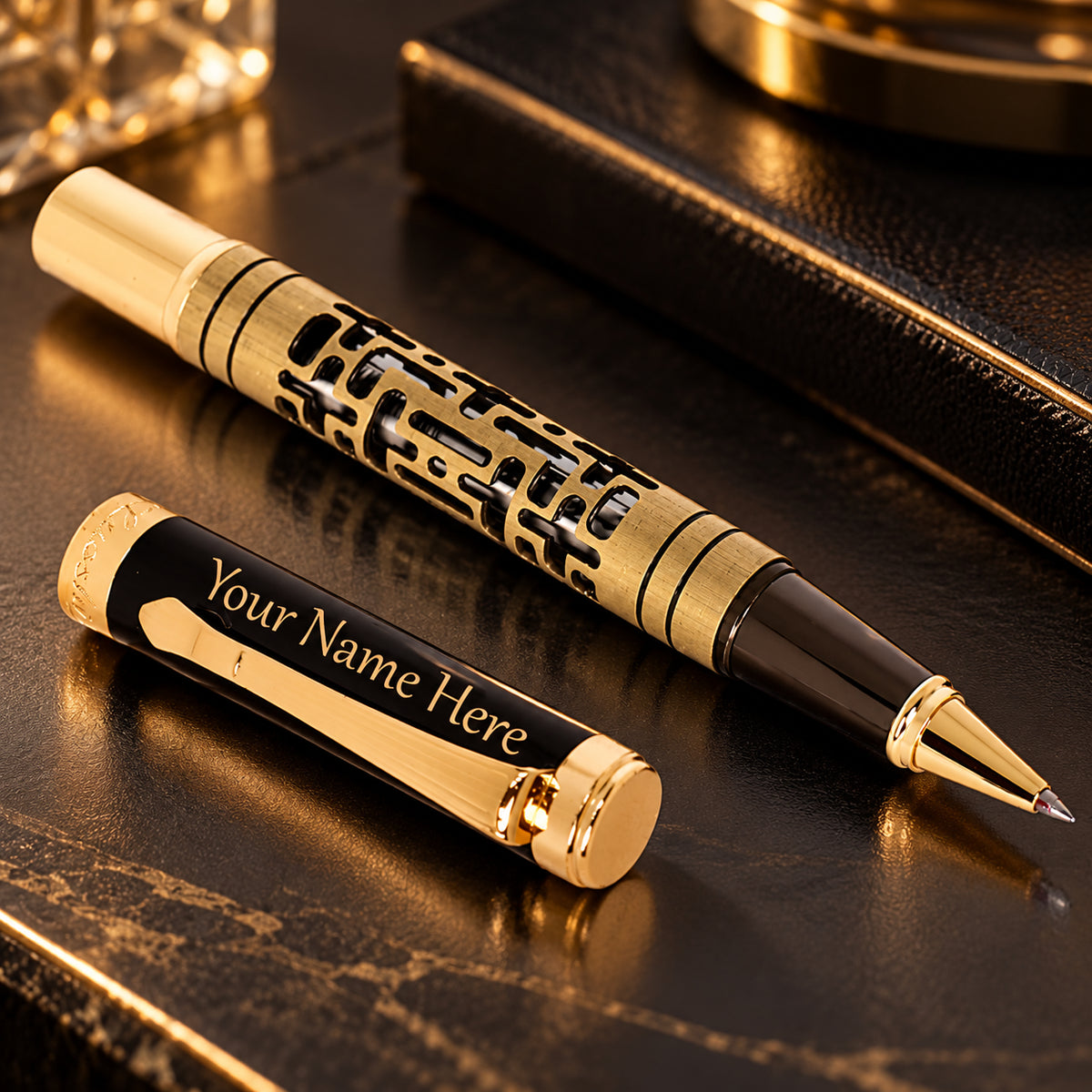 ROSHFORT Openwork Lattice Signature Roller Pen - Personalised with Your Name | Gold Detailing