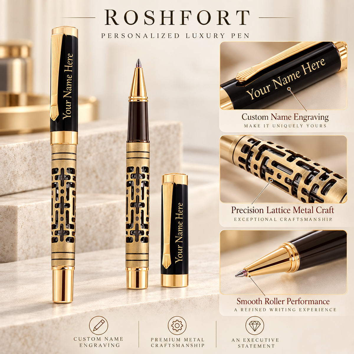 ROSHFORT Openwork Lattice Signature Roller Pen - Personalised with Your Name | Gold Detailing