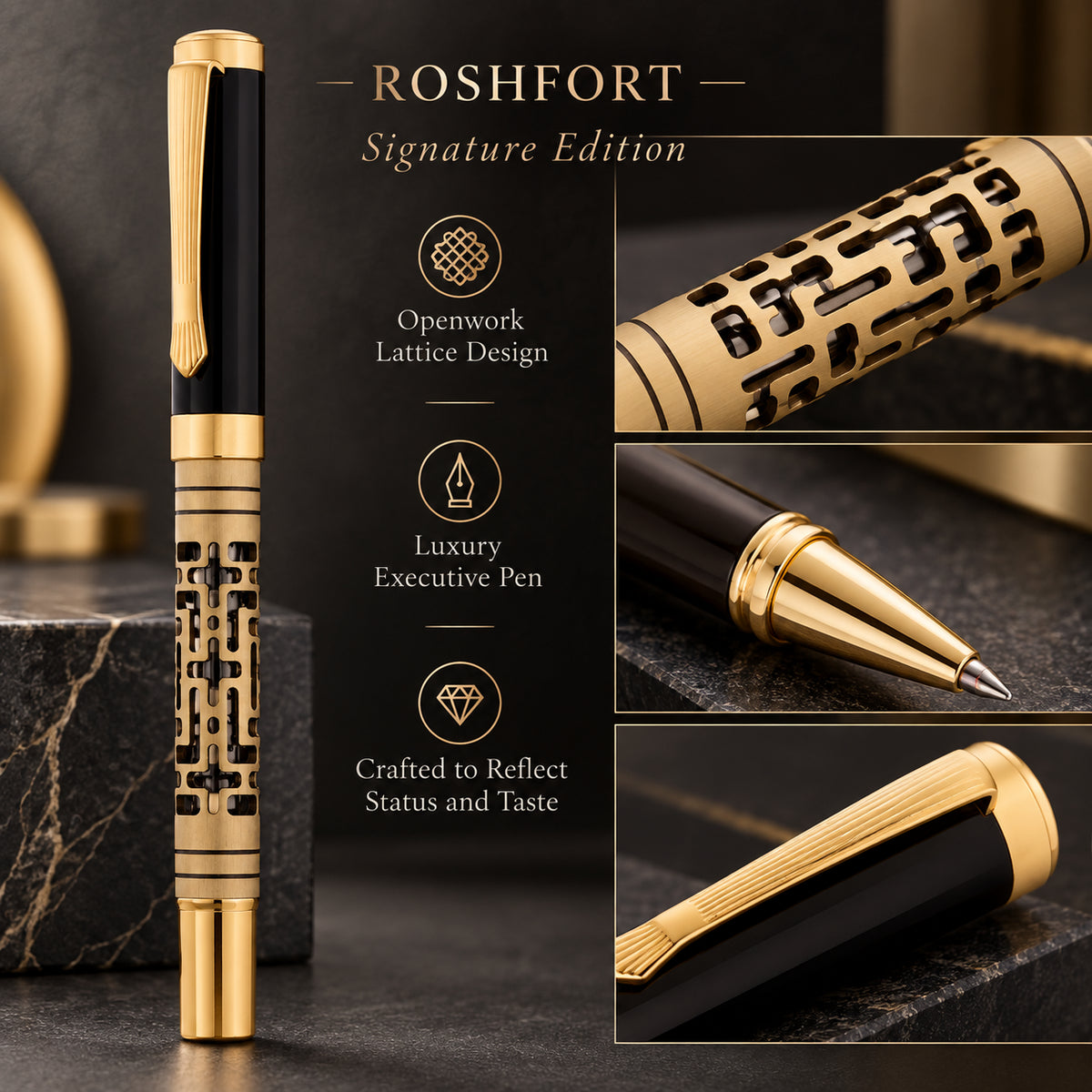 ROSHFORT Openwork Lattice Signature Roller Pen | Gold Detailing, Sculpted Metal Body