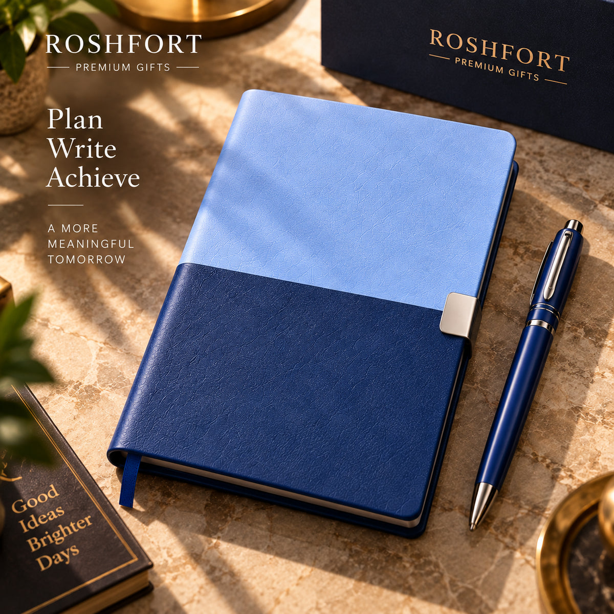 ROSHFORT Sapphire Five-Piece Gift Set | A5 Diary, Pen, Vacuum Flask, Card Holder & Keyring