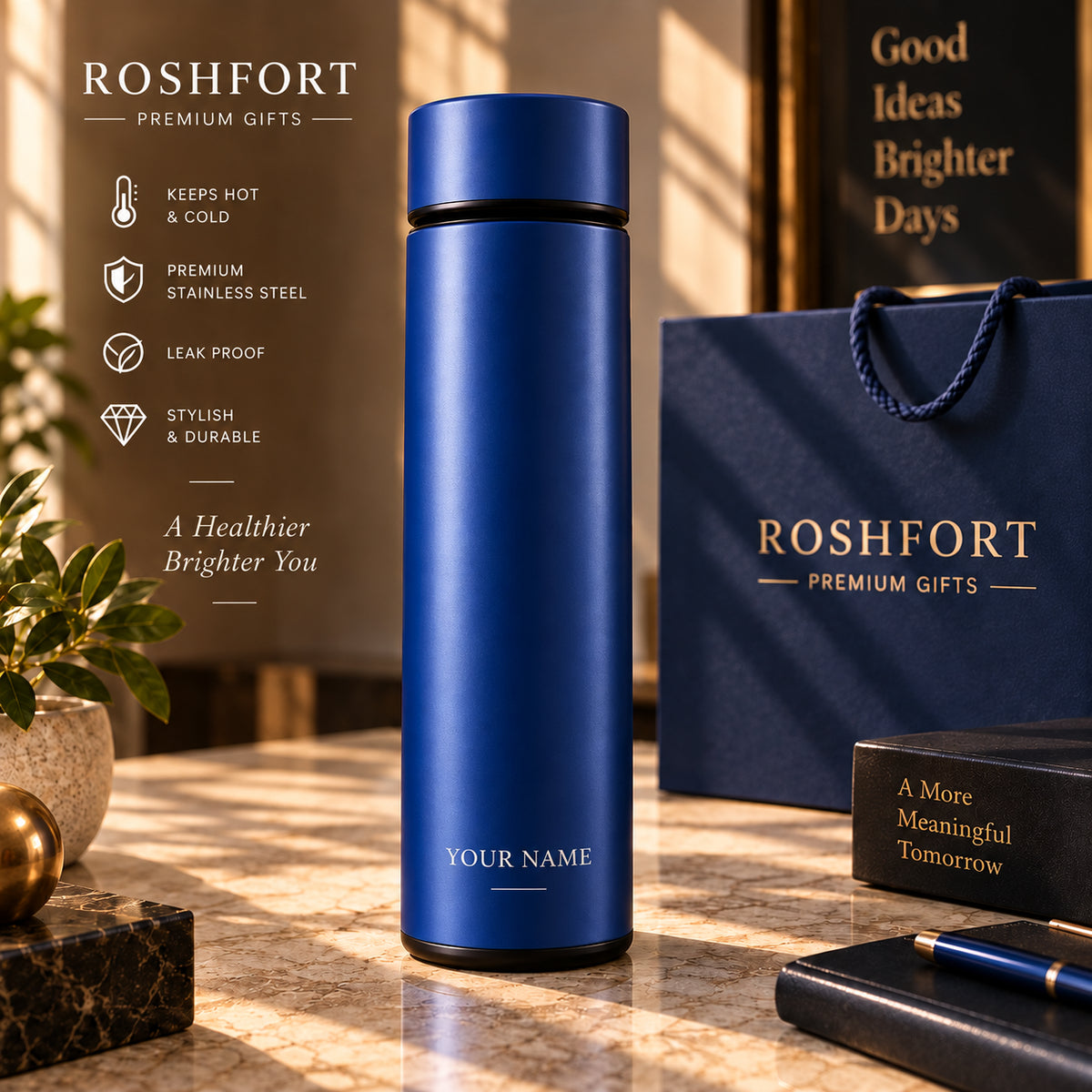 ROSHFORT Sapphire Five-Piece Gift Set - Personalised with Your Name | A5 Diary, Pen, Vacuum Flask, Card Holder & Keyring
