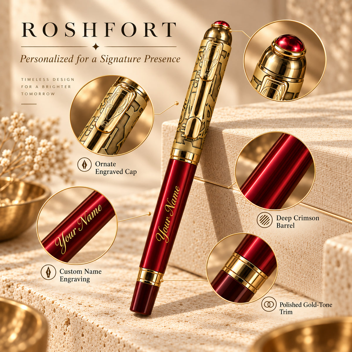 ROSHFORT Crimson Regal Signature Roller Pen - Personalised with Your Name | Deep Crimson, Gold Detailing