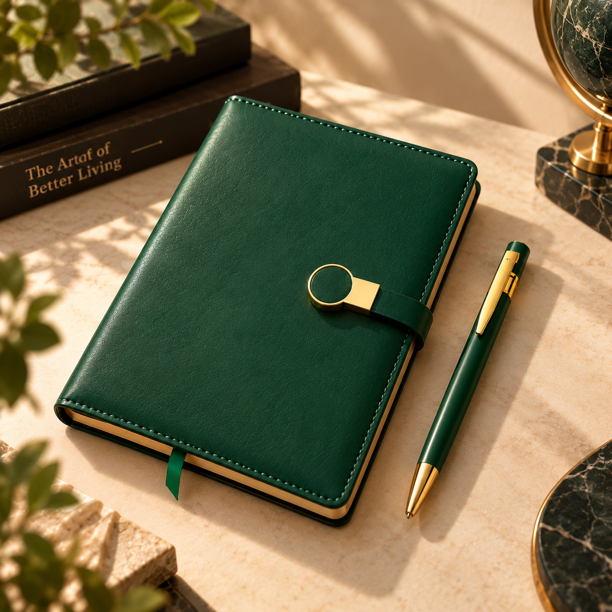 Green diary with a round gold-tone tab clasp beside a matching green pen on a sunlit desk.