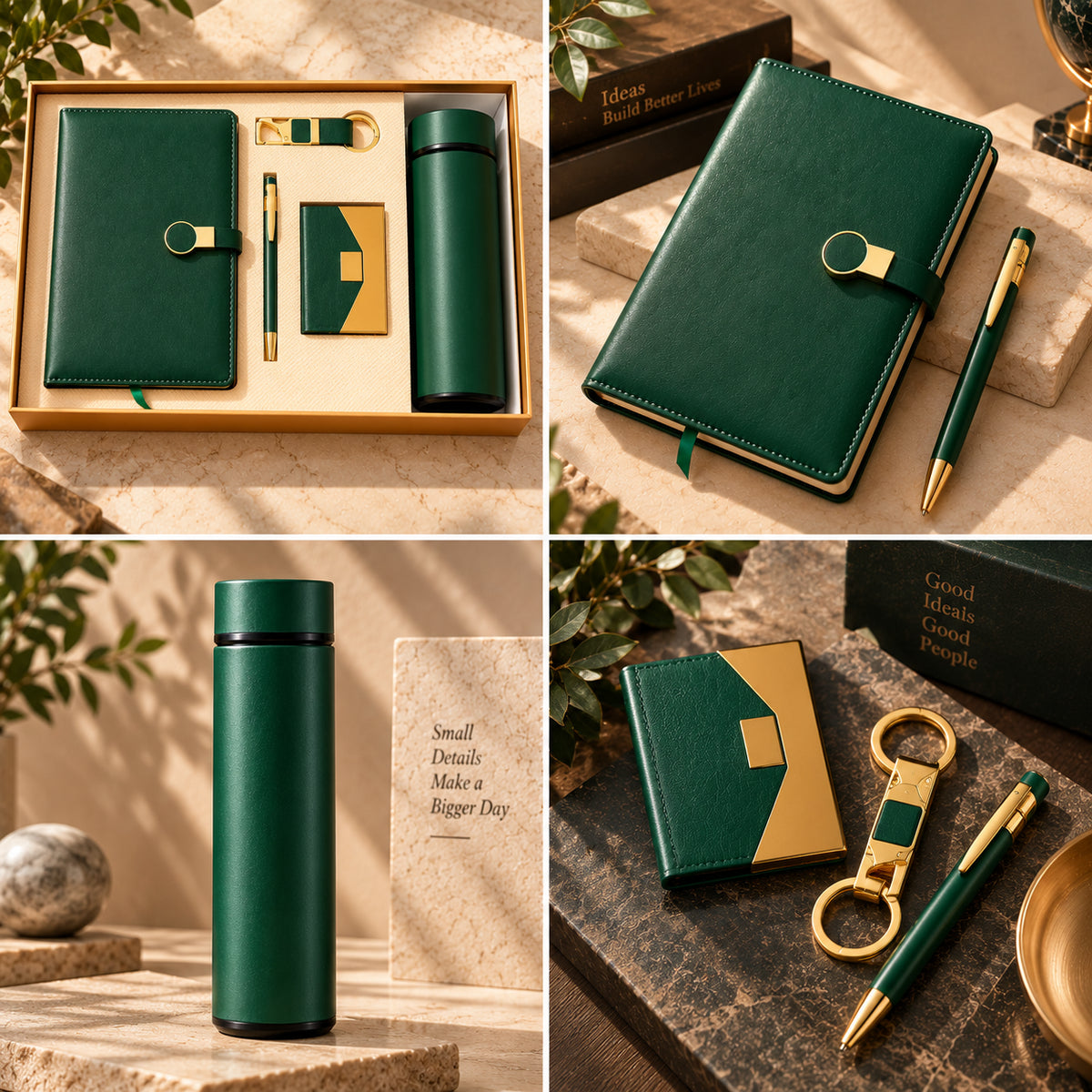 Four views of the green gift set showing its presentation box, diary and pen, flask, card holder and keyring.