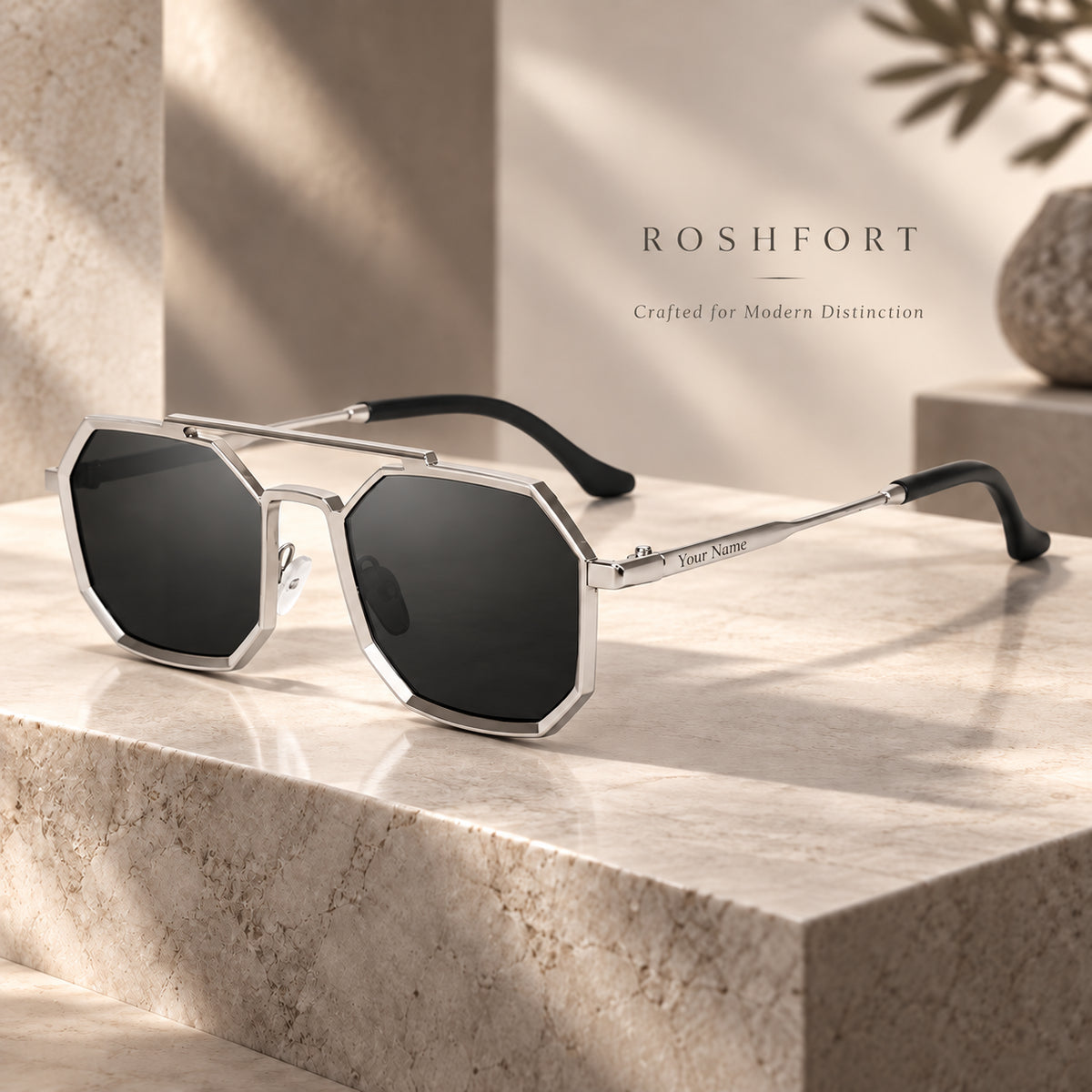 ROSHFORT Noir Hexa Silver Personalised Sunglasses | Your Name on One Temple