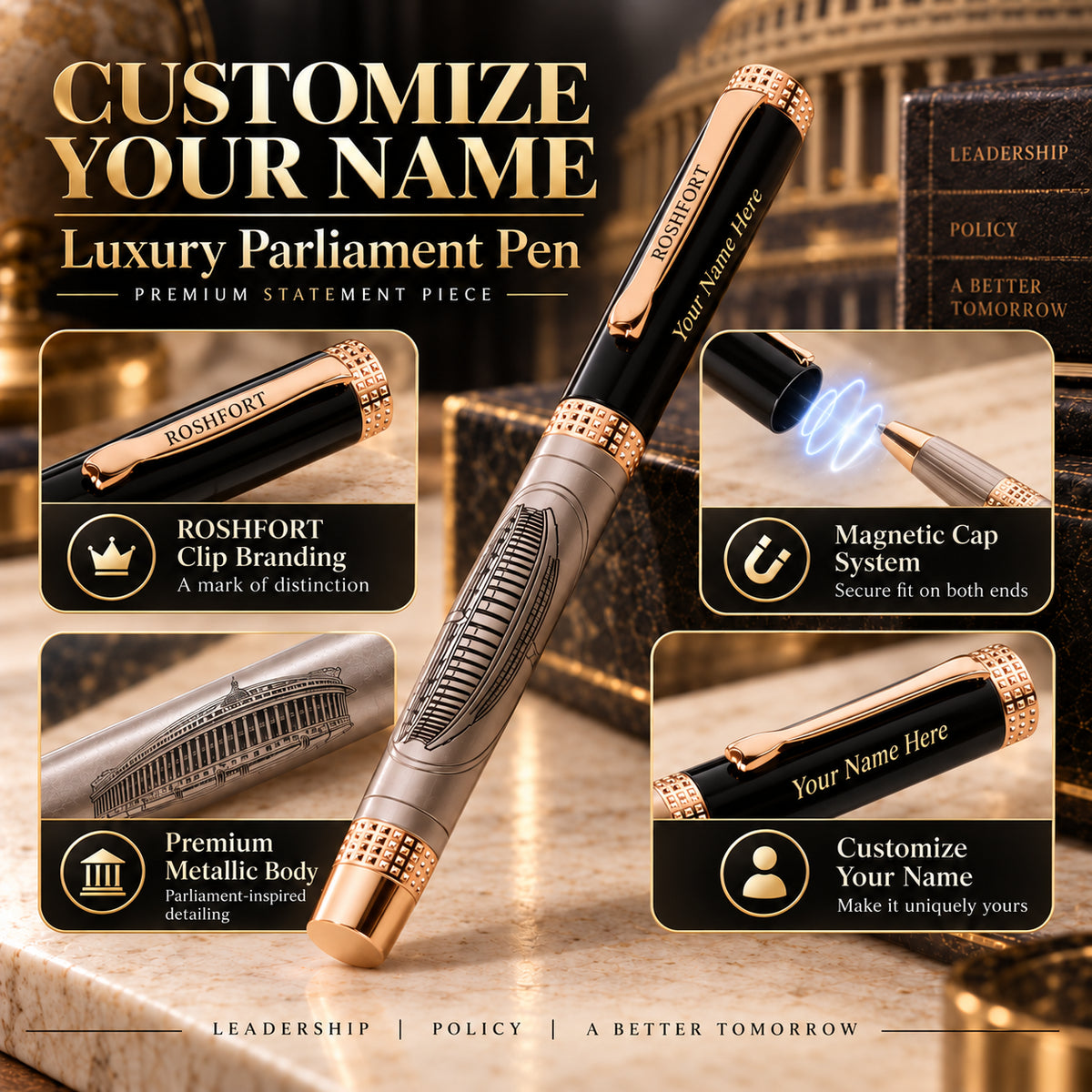 ROSHFORT Parliament Signature Roller Pen - Personalised with Your Name | Magnetic Cap
