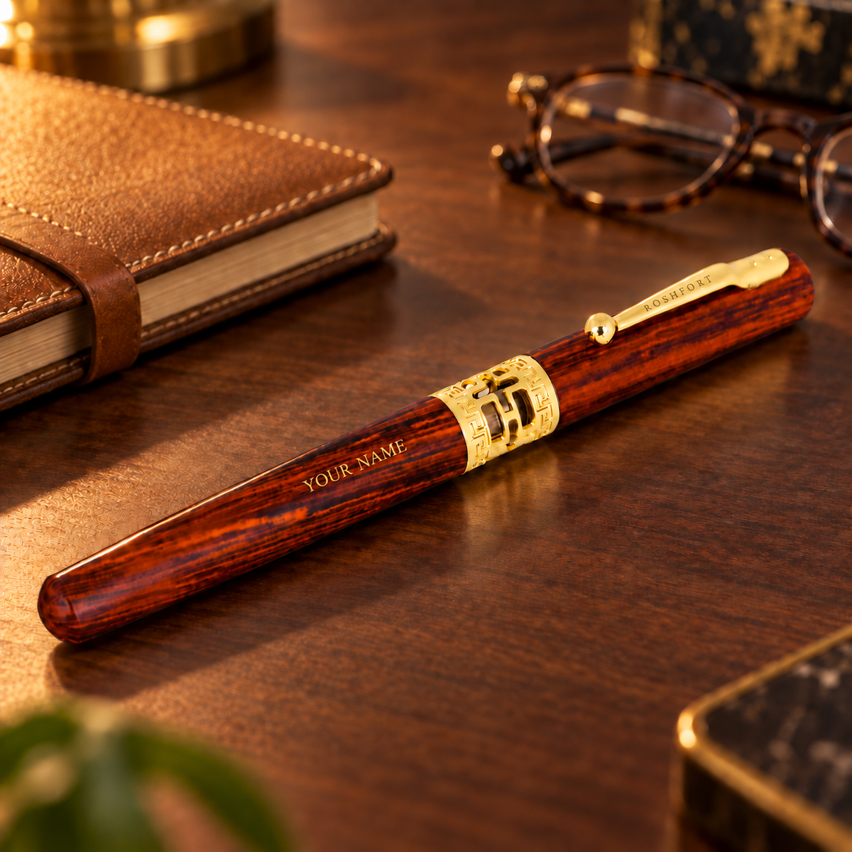 ROSHFORT Rosewood-Finish Signature Roller Pen — Personalised with Your Name
