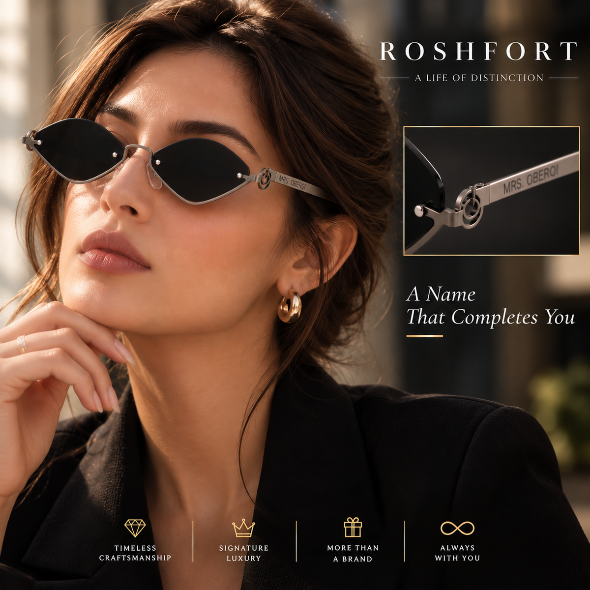 ROSHFORT Noir Facet Personalised Sunglasses | Your Name on One Temple, ROSHFORT on the Other