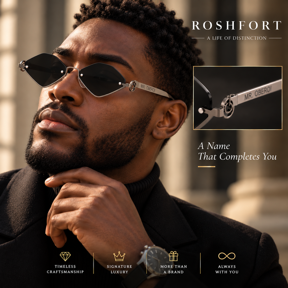 ROSHFORT Noir Facet Personalised Sunglasses | Your Name on One Temple, ROSHFORT on the Other