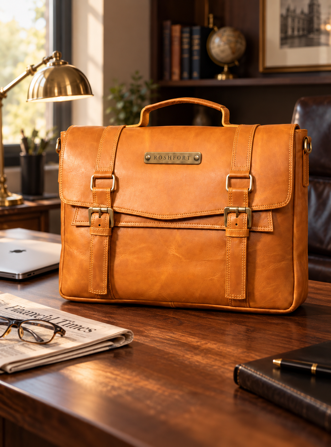Aldofine tan briefcase on a walnut desk
