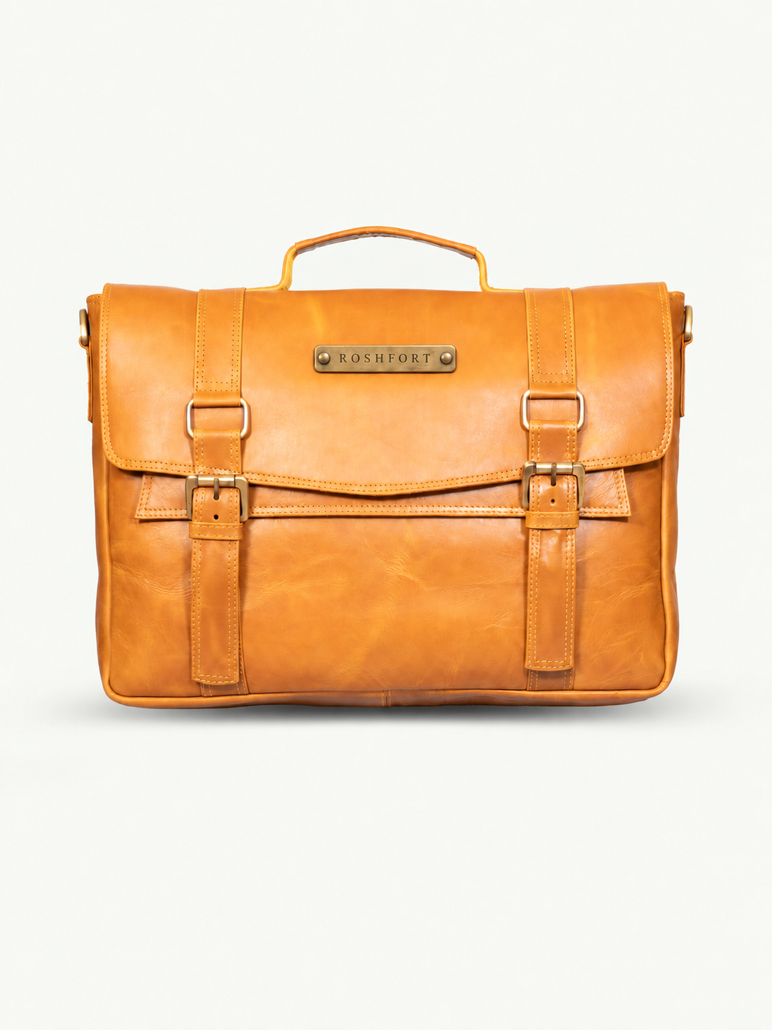 ROSHFORT Aldofine tan personalised leather messenger briefcase, front