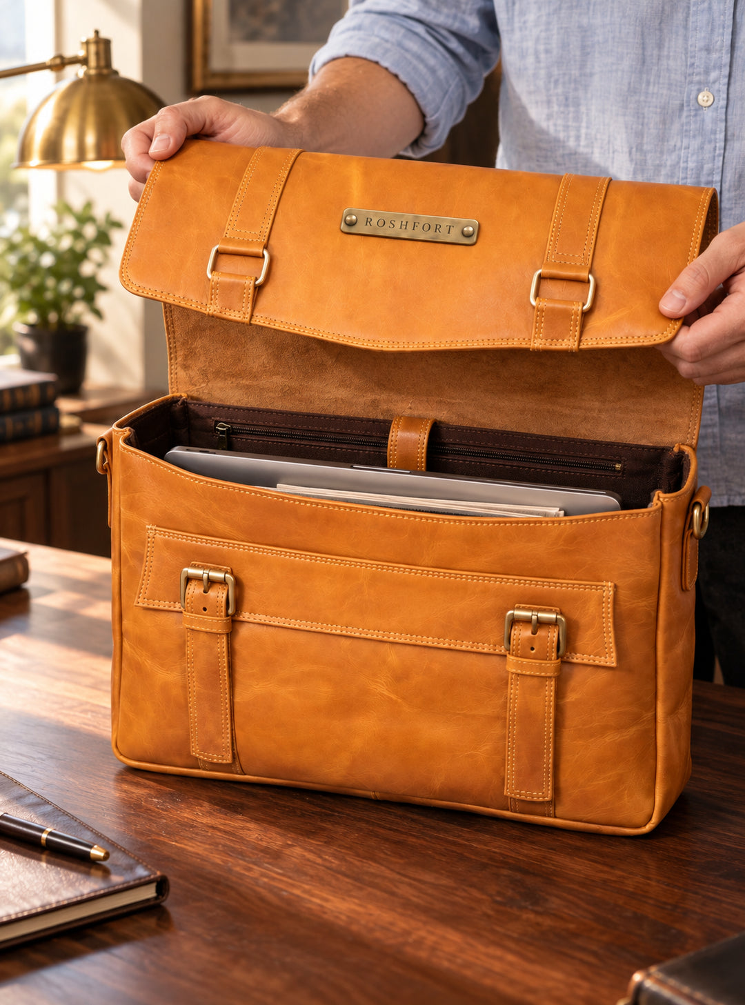 Aldofine tan briefcase opened, showing the interior