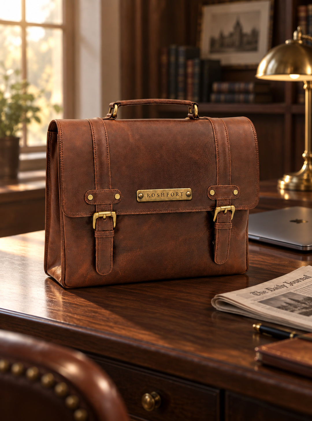 Italic Mont cognac satchel on a walnut desk
