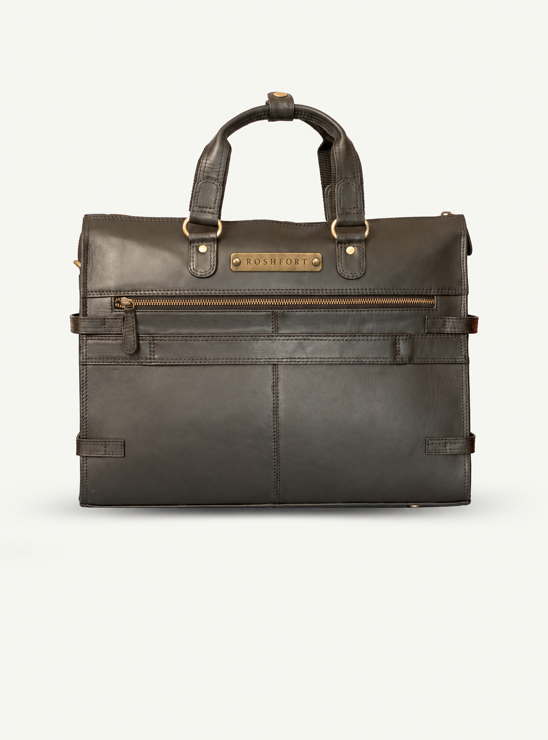 ROSHFORT Albert personalised black leather briefcase with engraved brass name plate