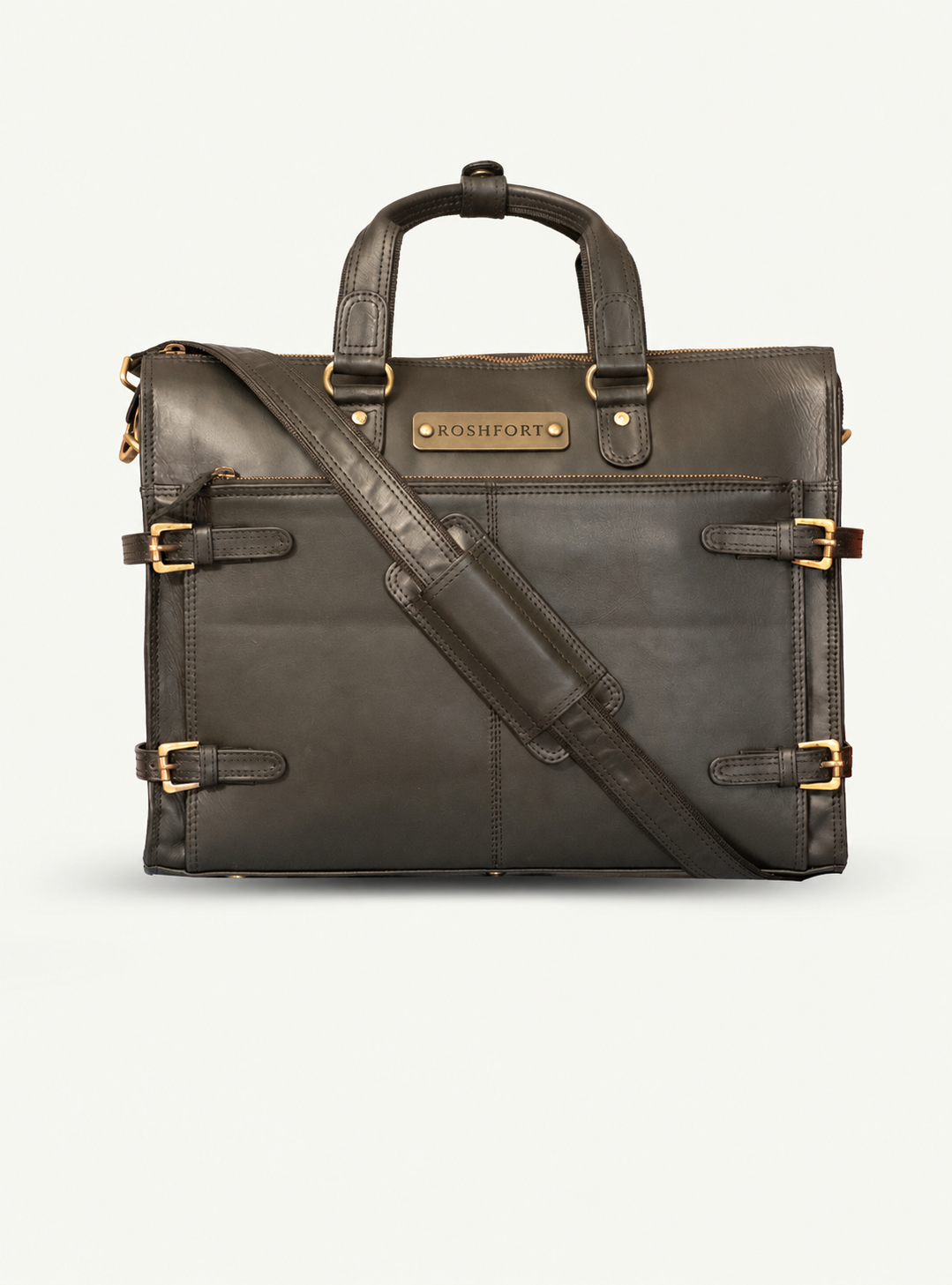 ROSHFORT Albert briefcase in black with its detachable leather shoulder strap