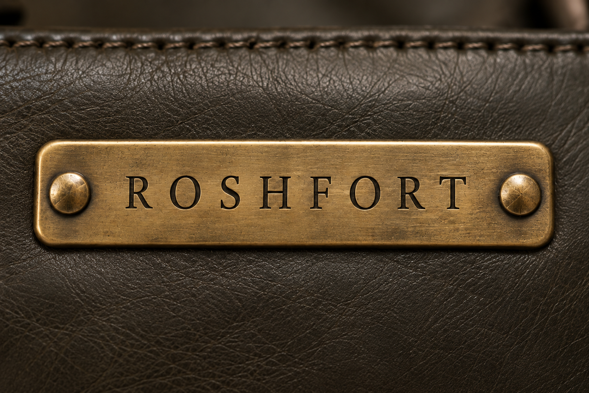 Close-up of the aged brass ROSHFORT name plate on the black leather