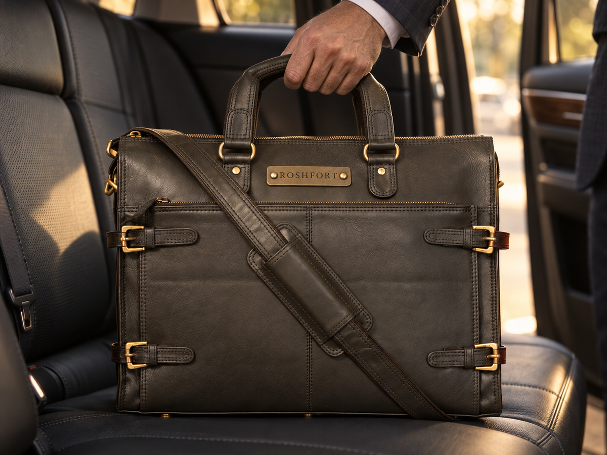 The black Albert briefcase on a car seat in late afternoon light, being picked up by its handle