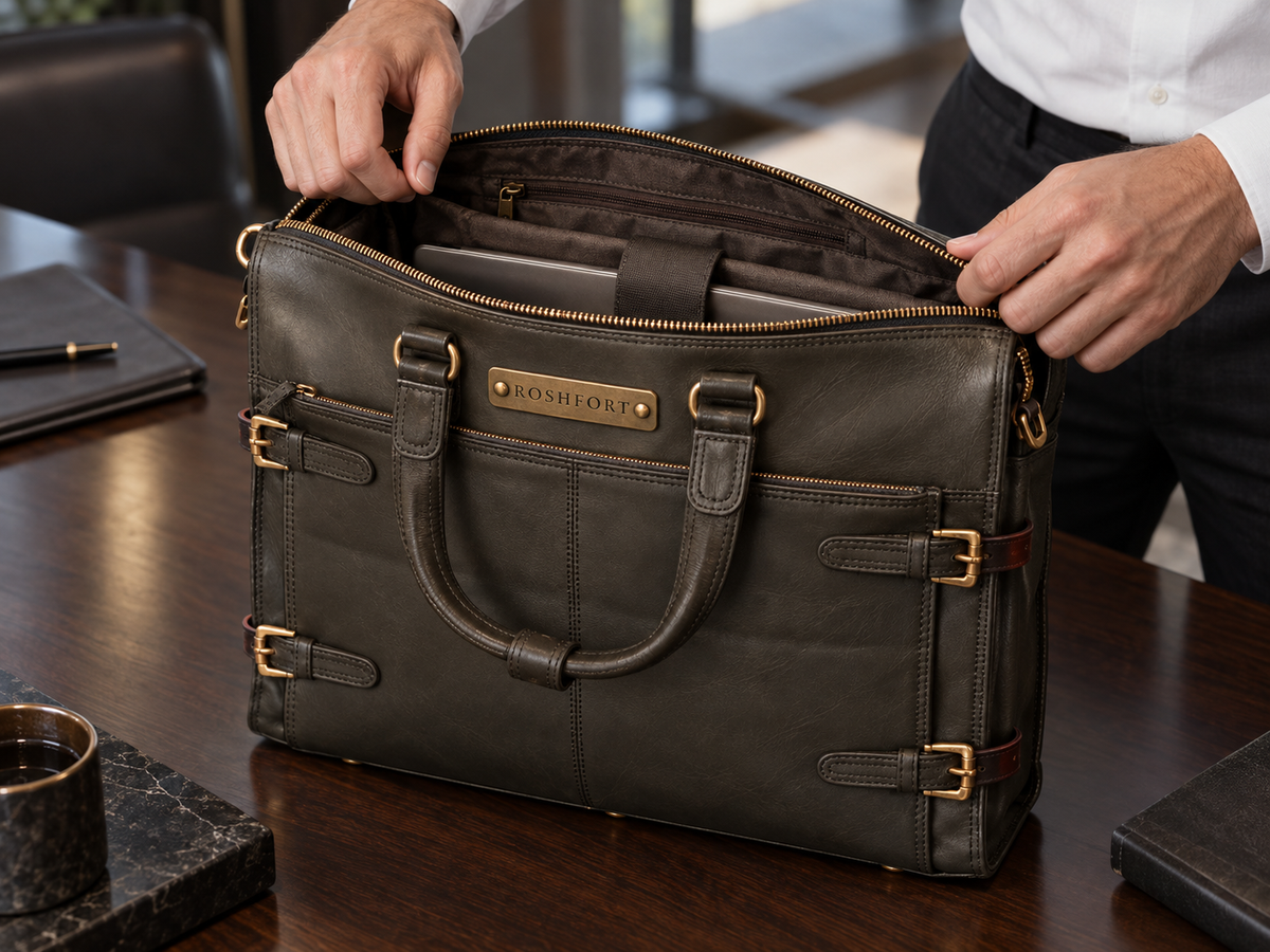 The black Albert briefcase being opened on a boardroom table, showing the fabric-lined interior